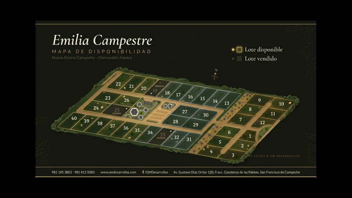 Emilia Campestre property map showing available lots with green borders and sold lots in tan, featuring an isometric layout view.