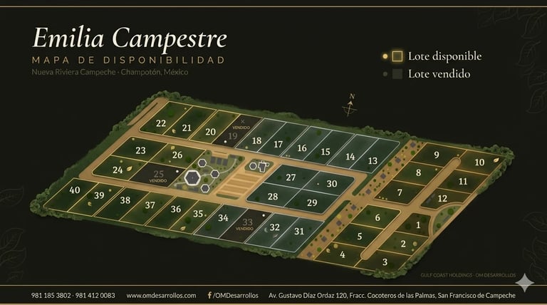 3D isometric map of Emilia Campestre property in Chihuahua, Mexico, showing numbered lots with availability legend