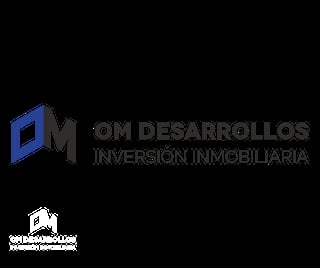 OM Desarrollos logo with blue geometric house icon and real estate investment company text