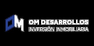 OM Desarrollos logo with blue geometric symbol and text for real estate investment company