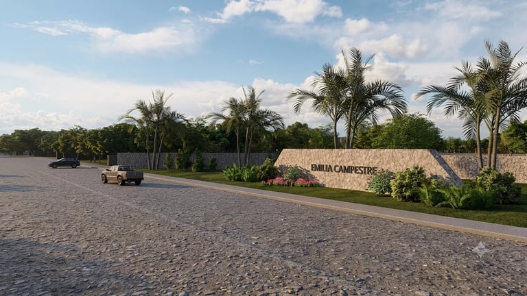 Gated entrance to Dublin Campestre with palm trees, landscaping, and a vehicle on a paved driveway under clear sky