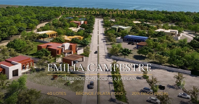 Aerial view of Emilia Campestre residential development in Champoton, Campeche, showing tree-lined streets and properties
